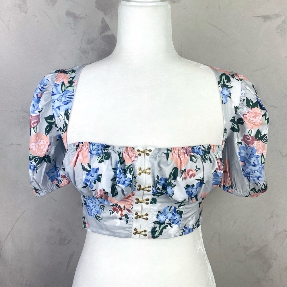 Multicolored Puff sleeve floral print crop top square neck pastel blue pink grey